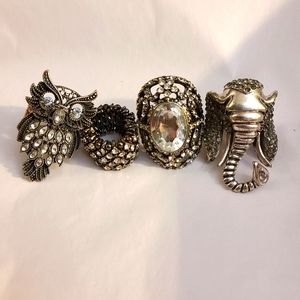 Set of 4 Silver Rhinestone Stretchy Rings